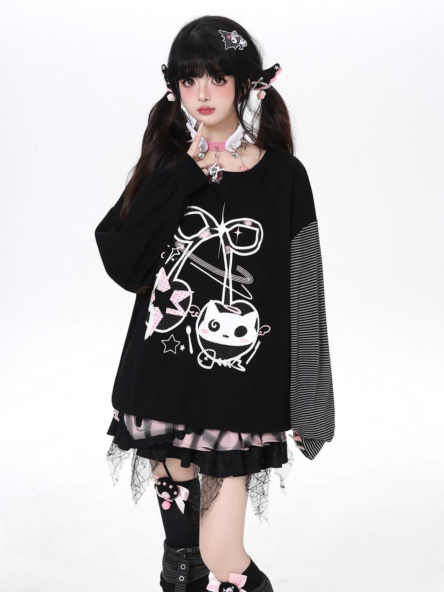 Crazy Girl Cat Cherry Printed Striped Loose Drop Shoulder Women&