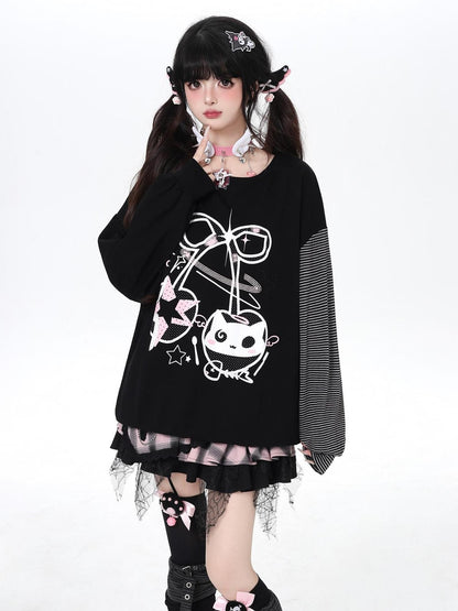 Crazy Girl Cat Cherry Printed Striped Loose Drop Shoulder Women&