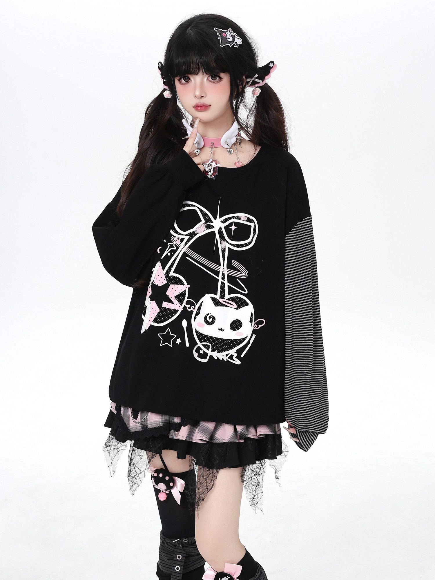 Crazy Girl Cat Cherry Printed Striped Loose Drop Shoulder Women&