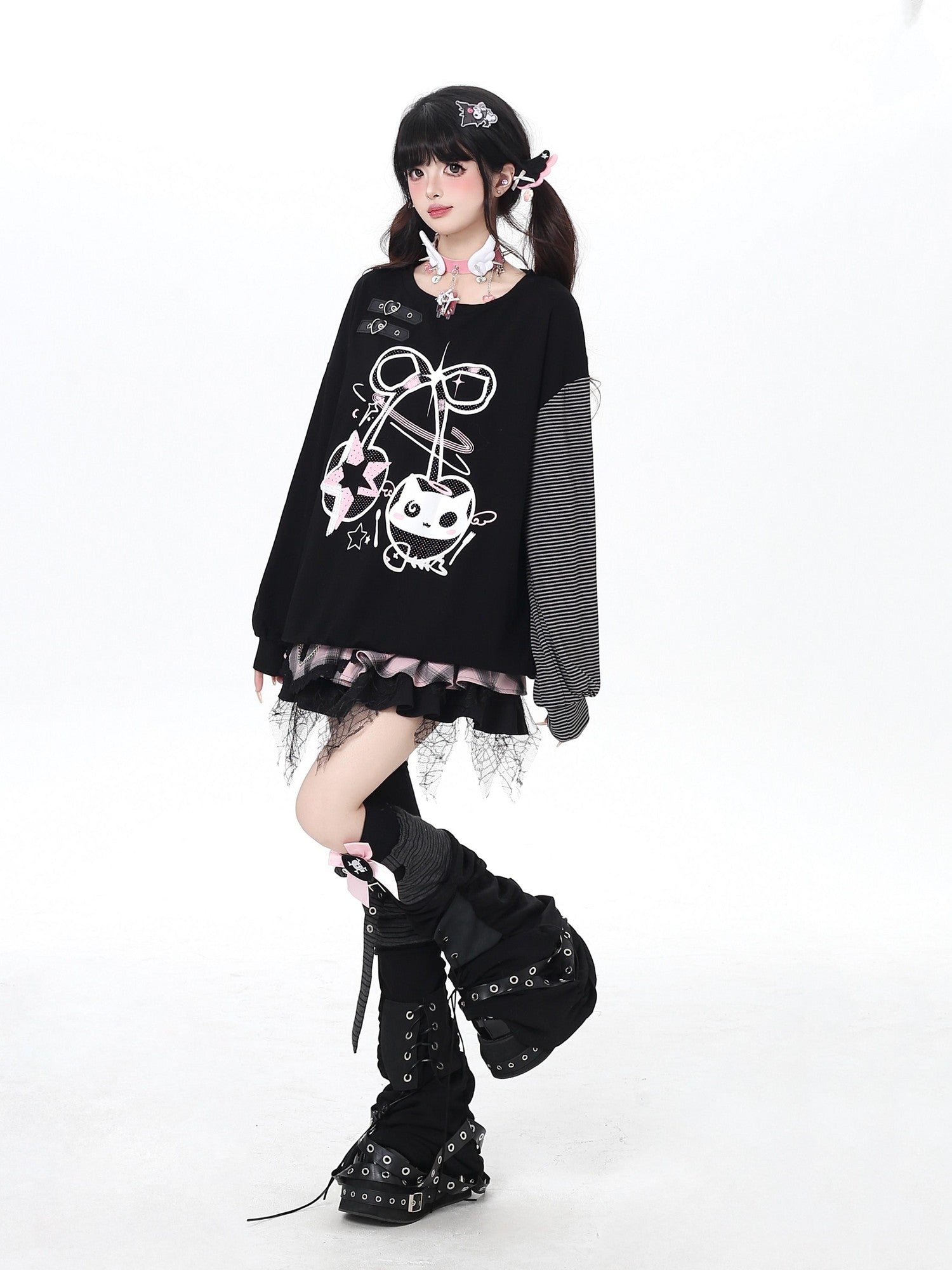 Crazy Girl Cat Cherry Printed Striped Loose Drop Shoulder Women&