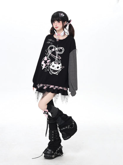 Crazy Girl Cat Cherry Printed Striped Loose Drop Shoulder Women&