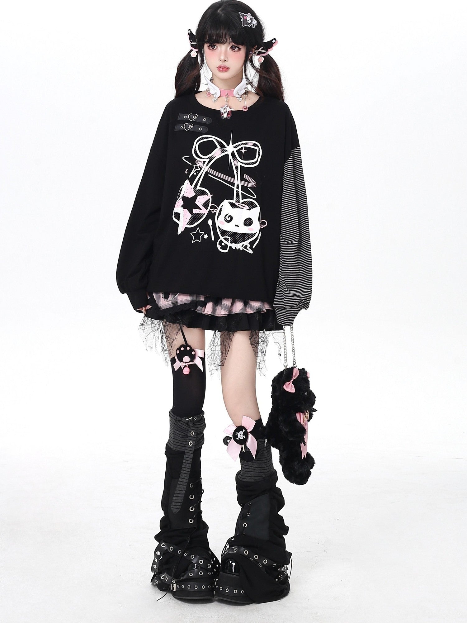 Crazy Girl Cat Cherry Printed Striped Loose Drop Shoulder Women&