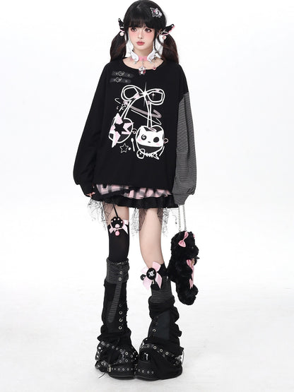 Crazy Girl Cat Cherry Printed Striped Loose Drop Shoulder Women&