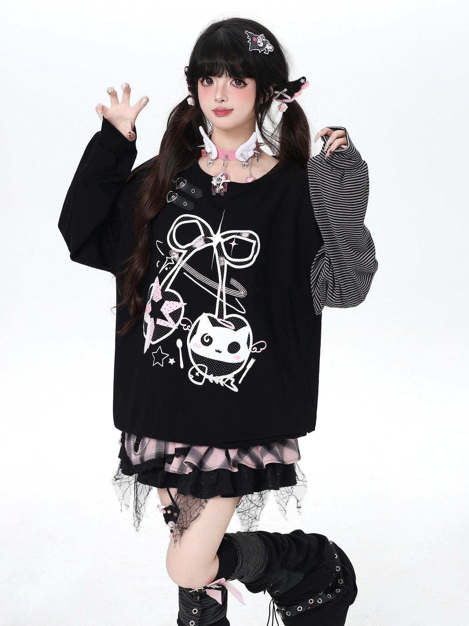Crazy Girl Cat Cherry Printed Striped Loose Drop Shoulder Women&