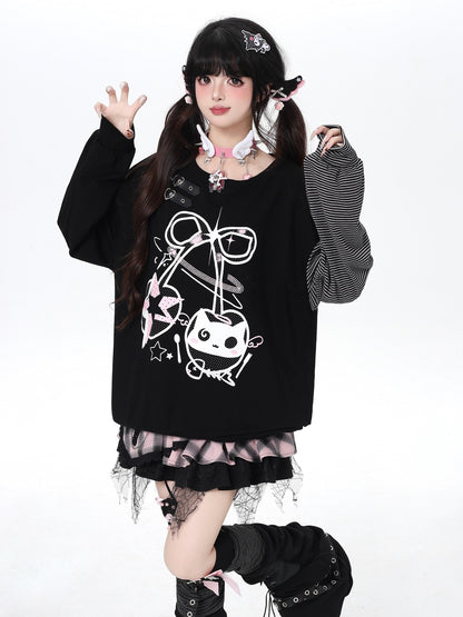Crazy Girl Cat Cherry Printed Striped Loose Drop Shoulder Women&