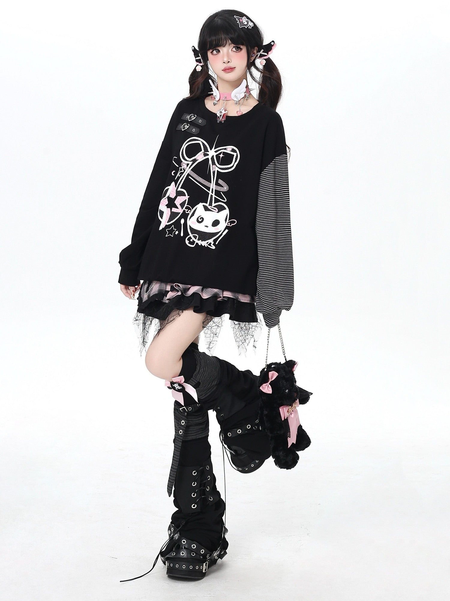 Crazy Girl Cat Cherry Printed Striped Loose Drop Shoulder Women&