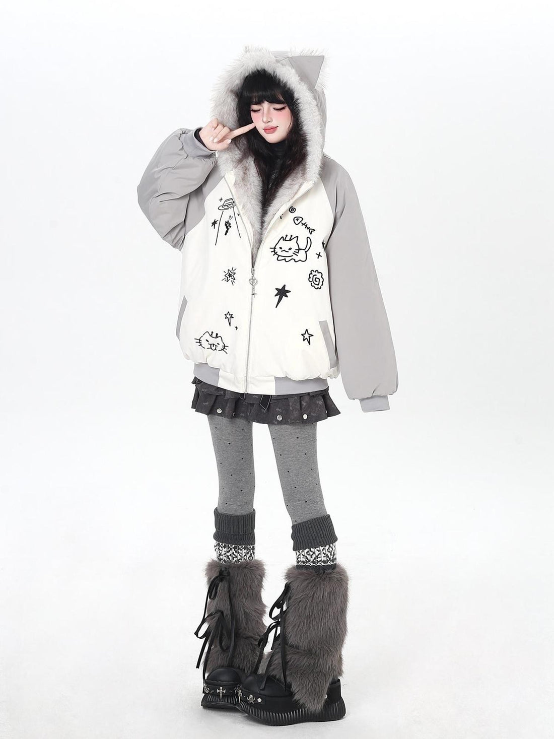 Crazy Girl Cat Ear Hood Cat Embroidery Women&