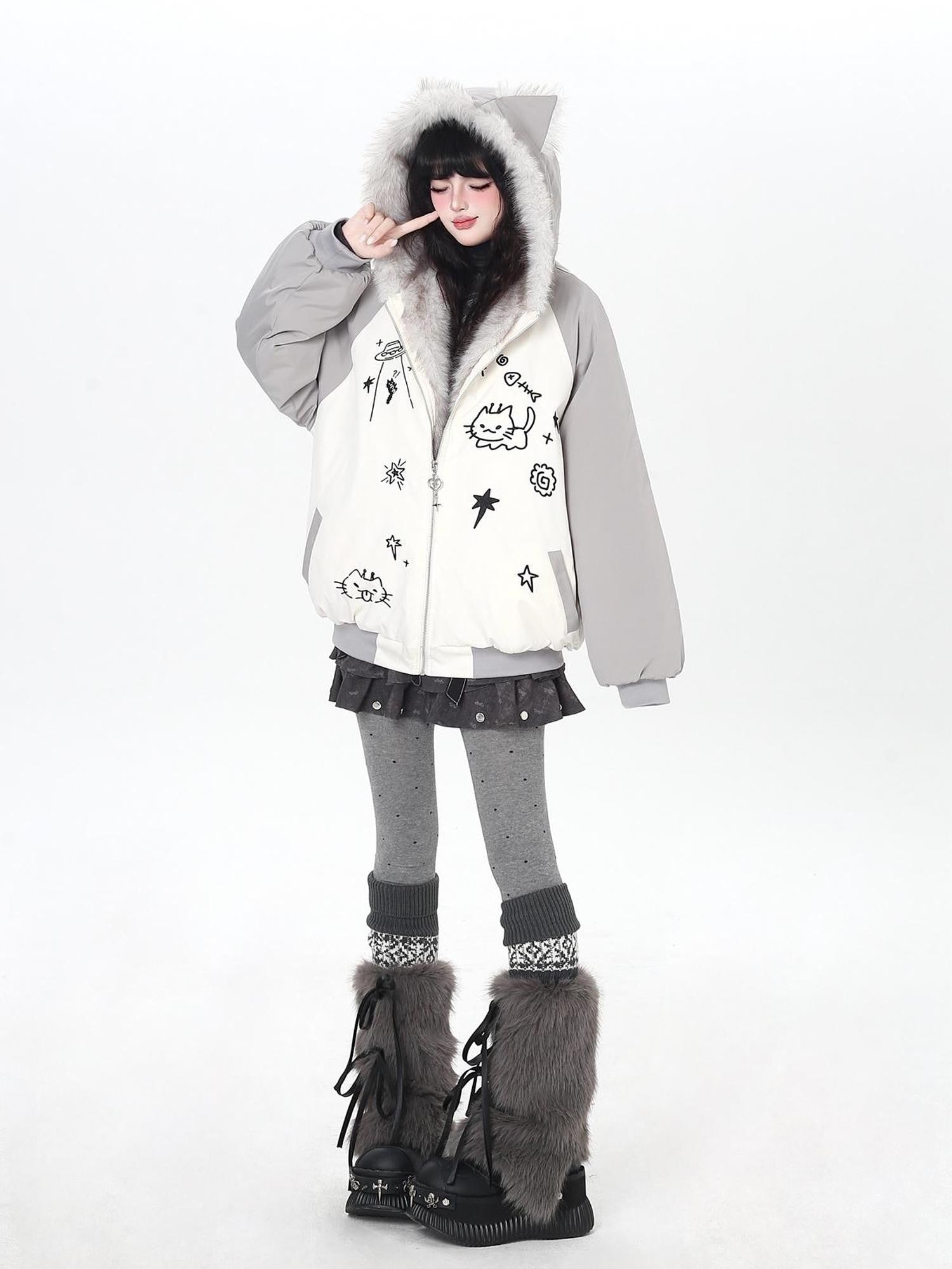 Crazy Girl Cat Ear Hood Cat Embroidery Women&