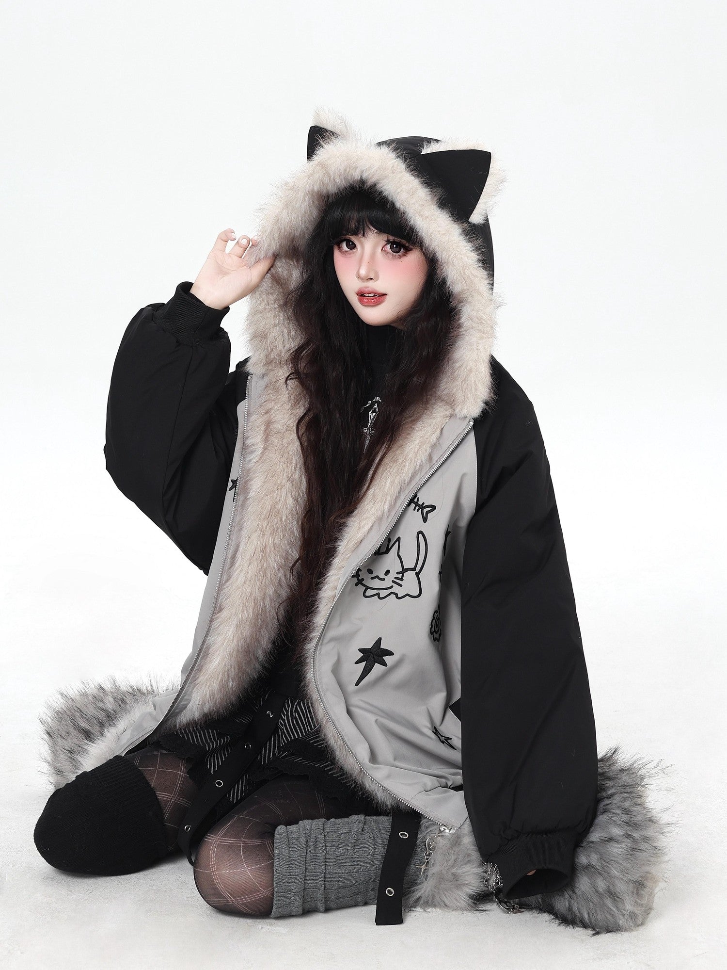 Crazy Girl Cat Ear Hood Cat Embroidery Women&