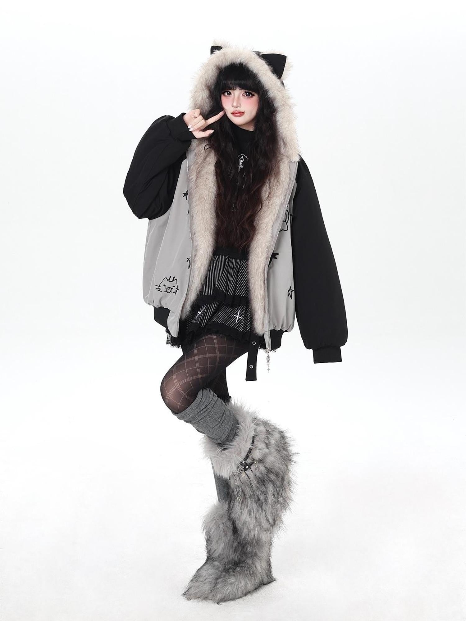 Crazy Girl Cat Ear Hood Cat Embroidery Women&