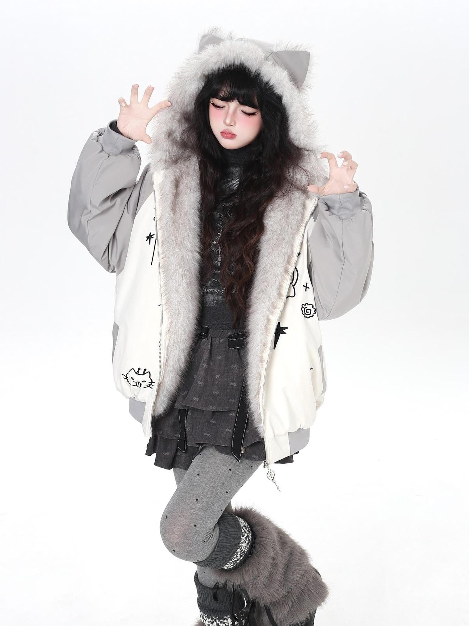 Crazy Girl Cat Ear Hood Cat Embroidery Women&