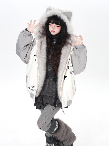 Crazy Girl Cat Ear Hood Cat Embroidery Women&