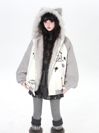 Crazy Girl Cat Ear Hood Cat Embroidery Women&