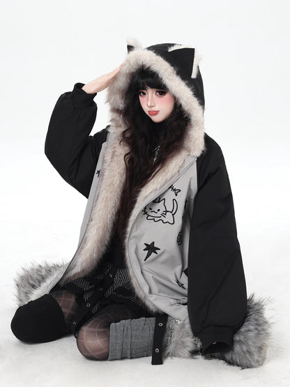 Crazy Girl Cat Ear Hood Cat Embroidery Women&