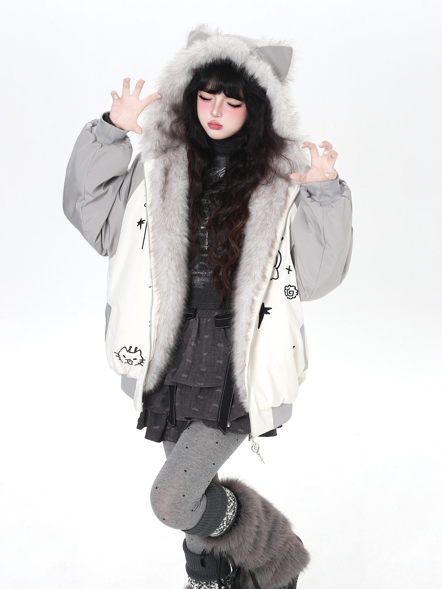 Crazy Girl Cat Ear Hood Cat Embroidery Women&