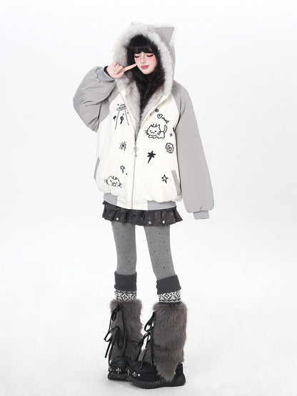 Crazy Girl Cat Ear Hood Cat Embroidery Women&