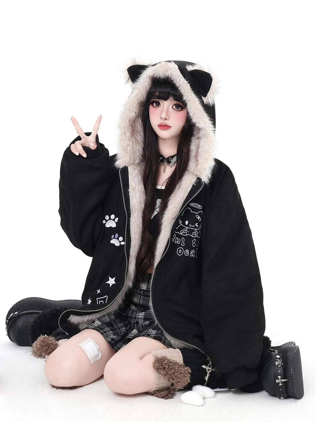 Crazy Girl Cat Ear Hooded Zippered Women&