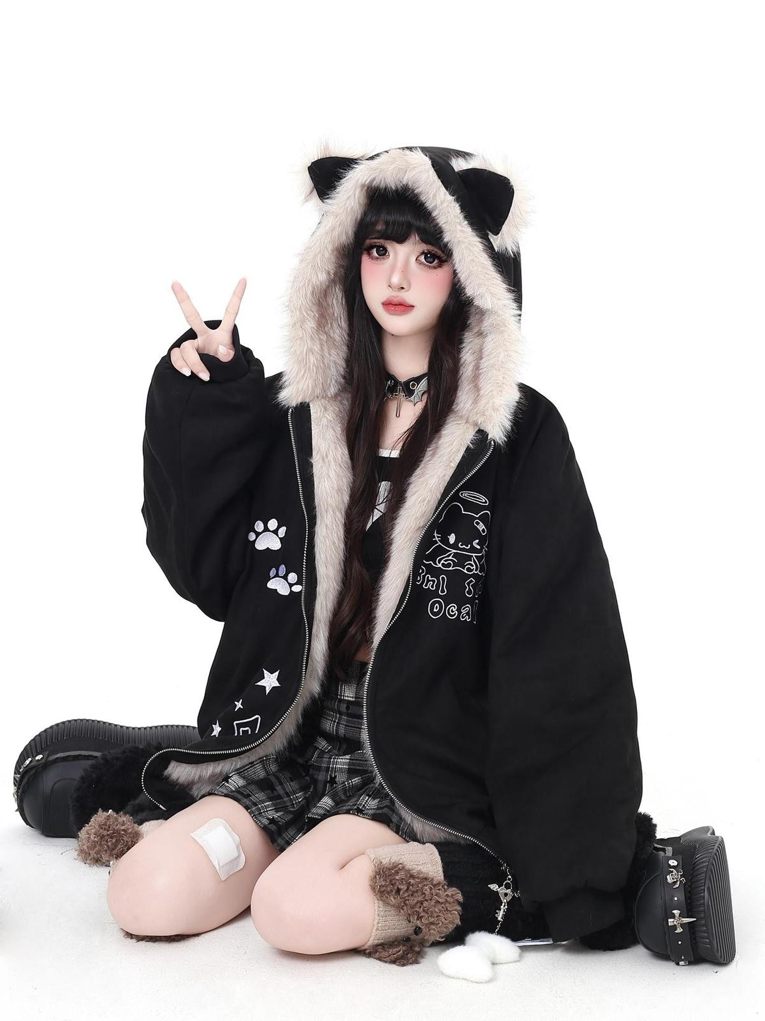 Crazy Girl Cat Ear Hooded Zippered Women&