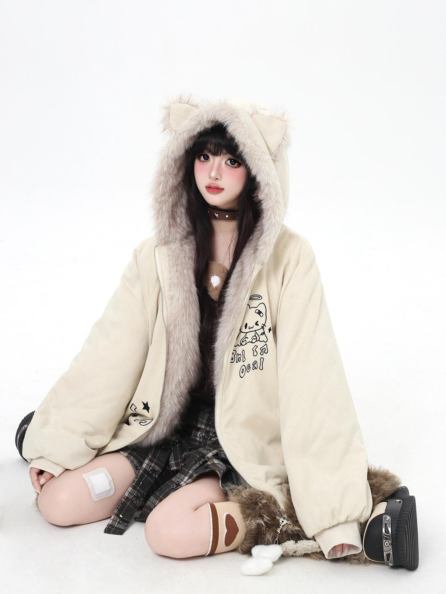 Crazy Girl Cat Ear Hooded Zippered Women&