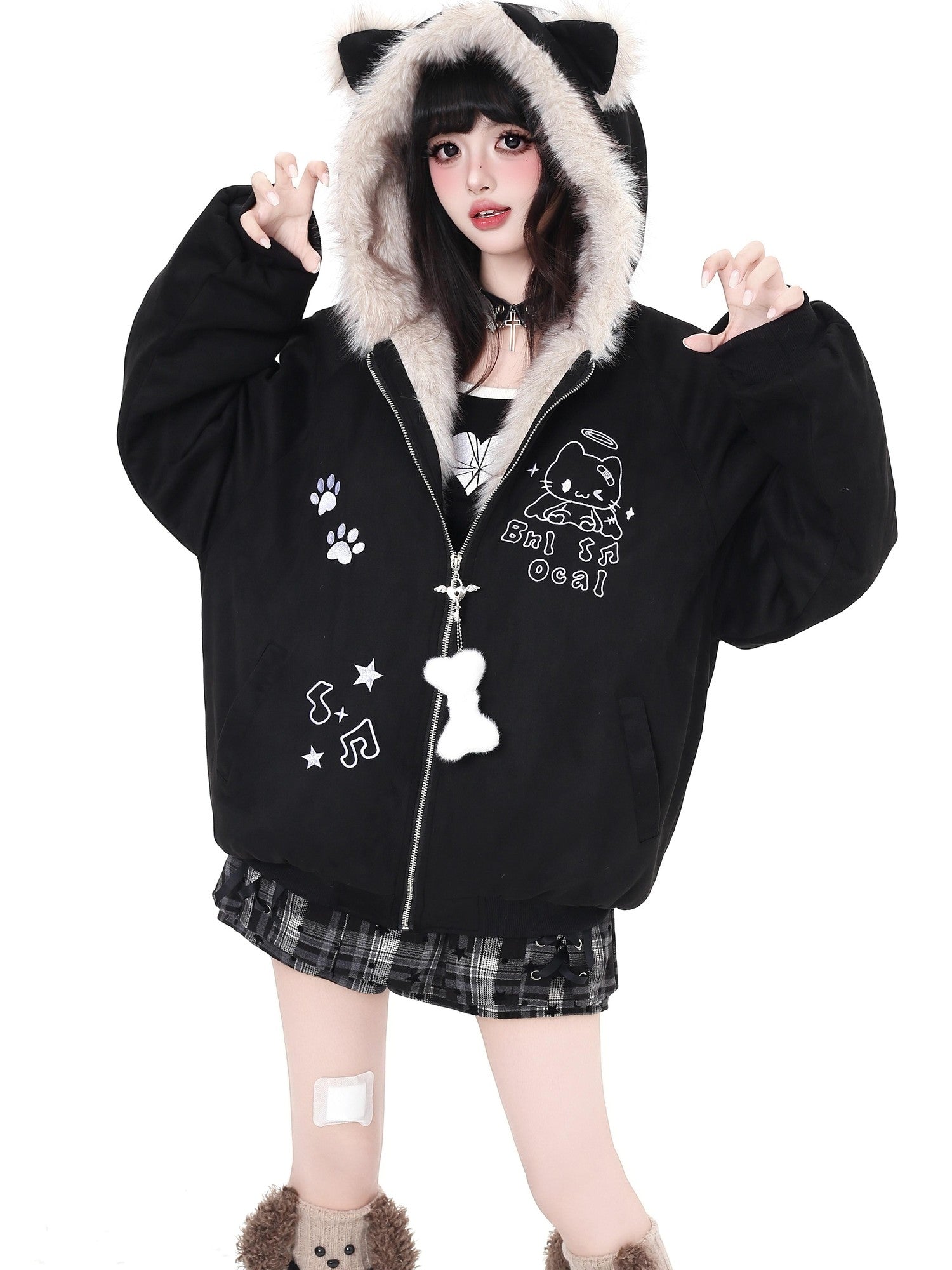 Crazy Girl Cat Ear Hooded Zippered Women&