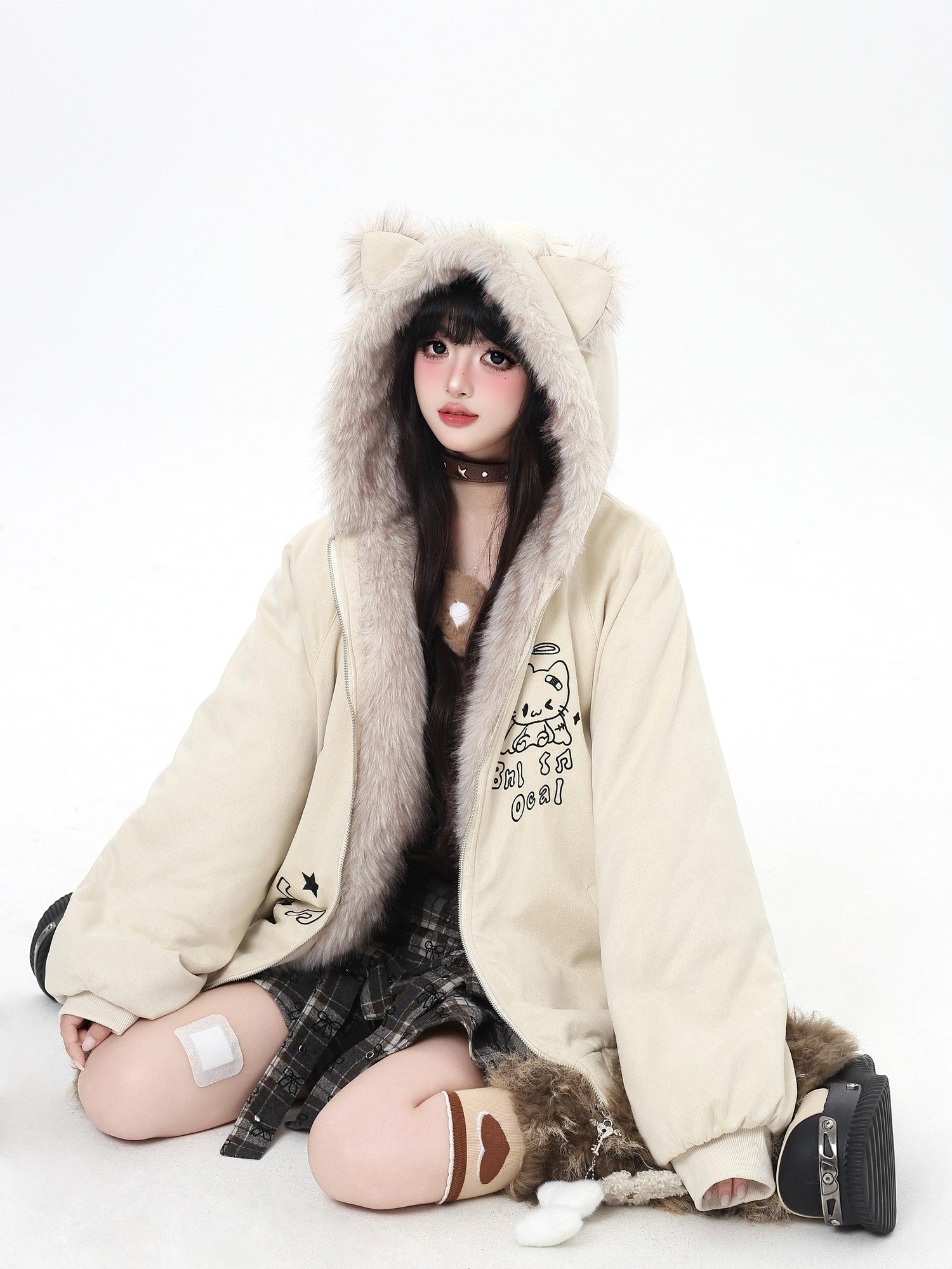 Crazy Girl Cat Ear Hooded Zippered Women&