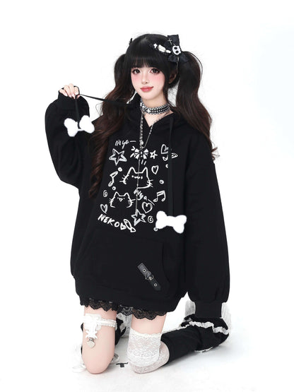 Crazy_Girl_Cat_Graffiti_Print_Bone_Drawstring_Fleece_Cropped_Loose_Women&