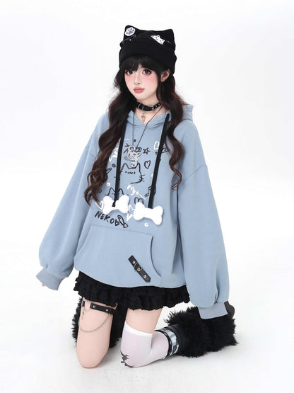 Crazy_Girl_Cat_Graffiti_Print_Bone_Drawstring_Fleece_Cropped_Loose_Women&