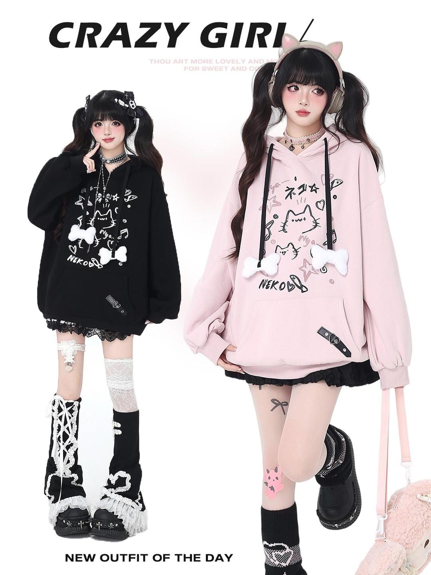 Crazy Girl Cat Graffiti Print Bone Drawstring Fleece Cropped Loose Women&