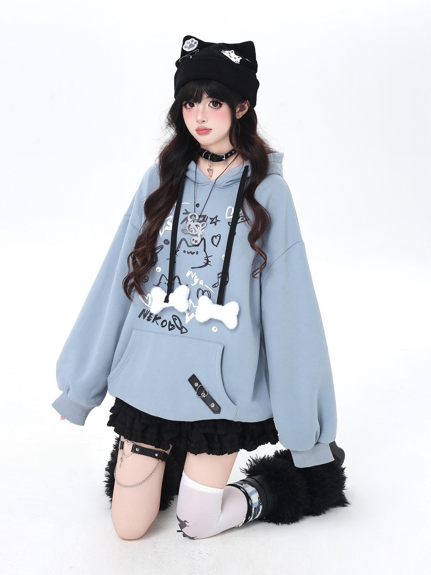 Crazy Girl Cat Graffiti Print Bone Drawstring Fleece Cropped Loose Women&