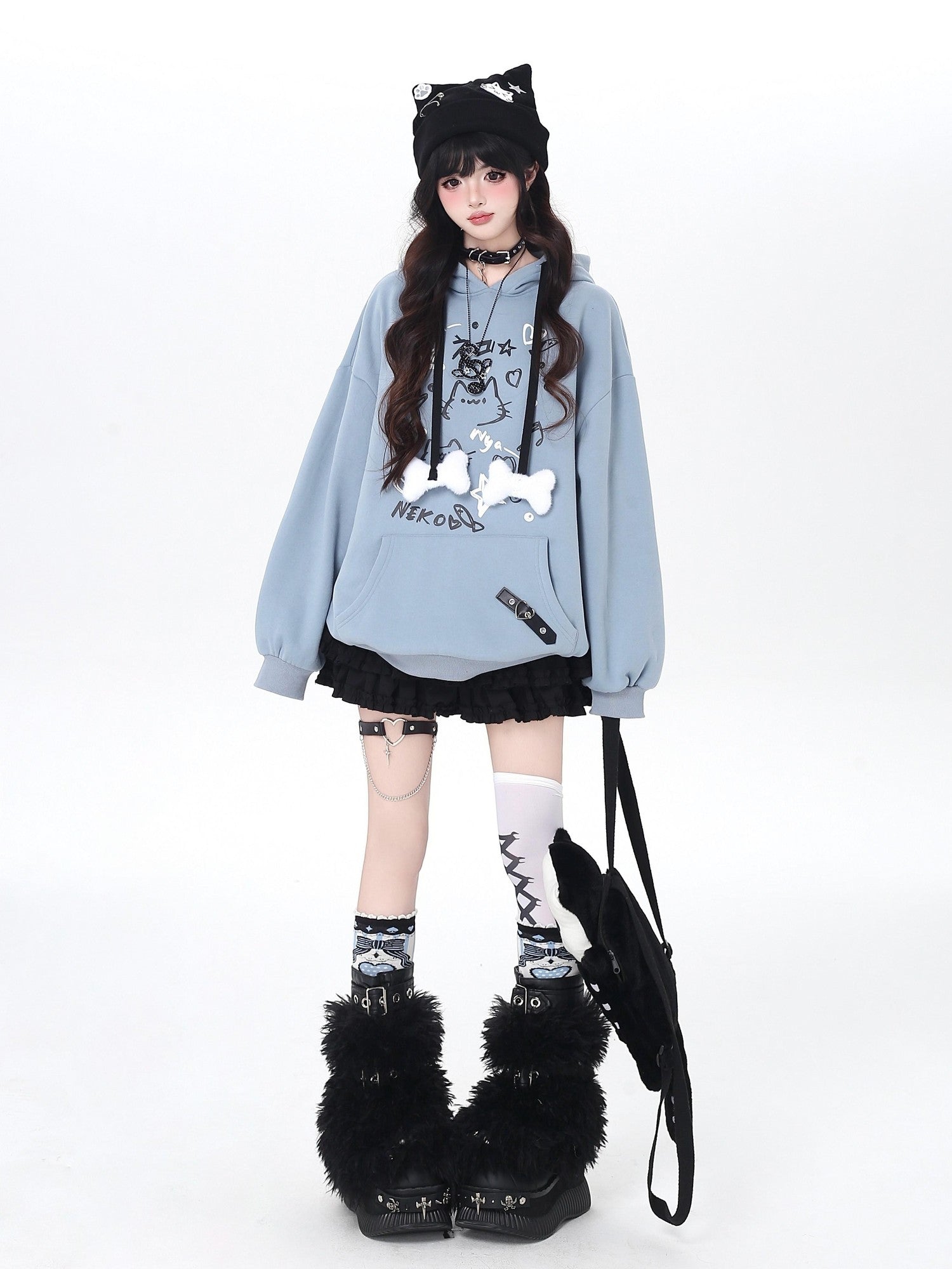 Crazy Girl Cat Graffiti Print Bone Drawstring Fleece Cropped Loose Women&