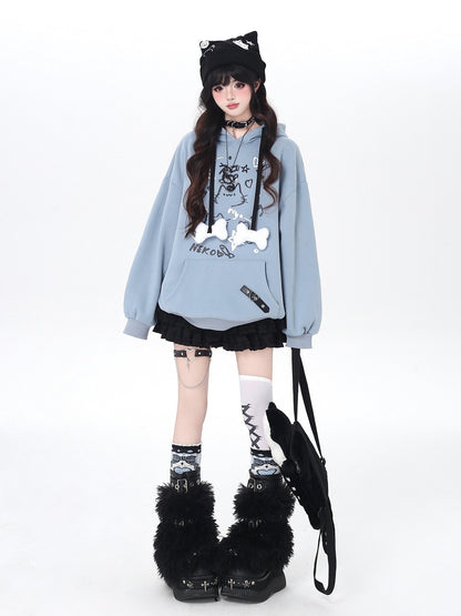 Crazy Girl Cat Graffiti Print Bone Drawstring Fleece Cropped Loose Women&
