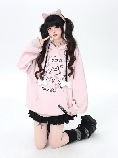 Crazy Girl Cat Graffiti Print Bone Drawstring Fleece Cropped Loose Women&