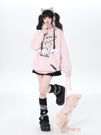 Crazy Girl Cat Graffiti Print Bone Drawstring Fleece Cropped Loose Women&
