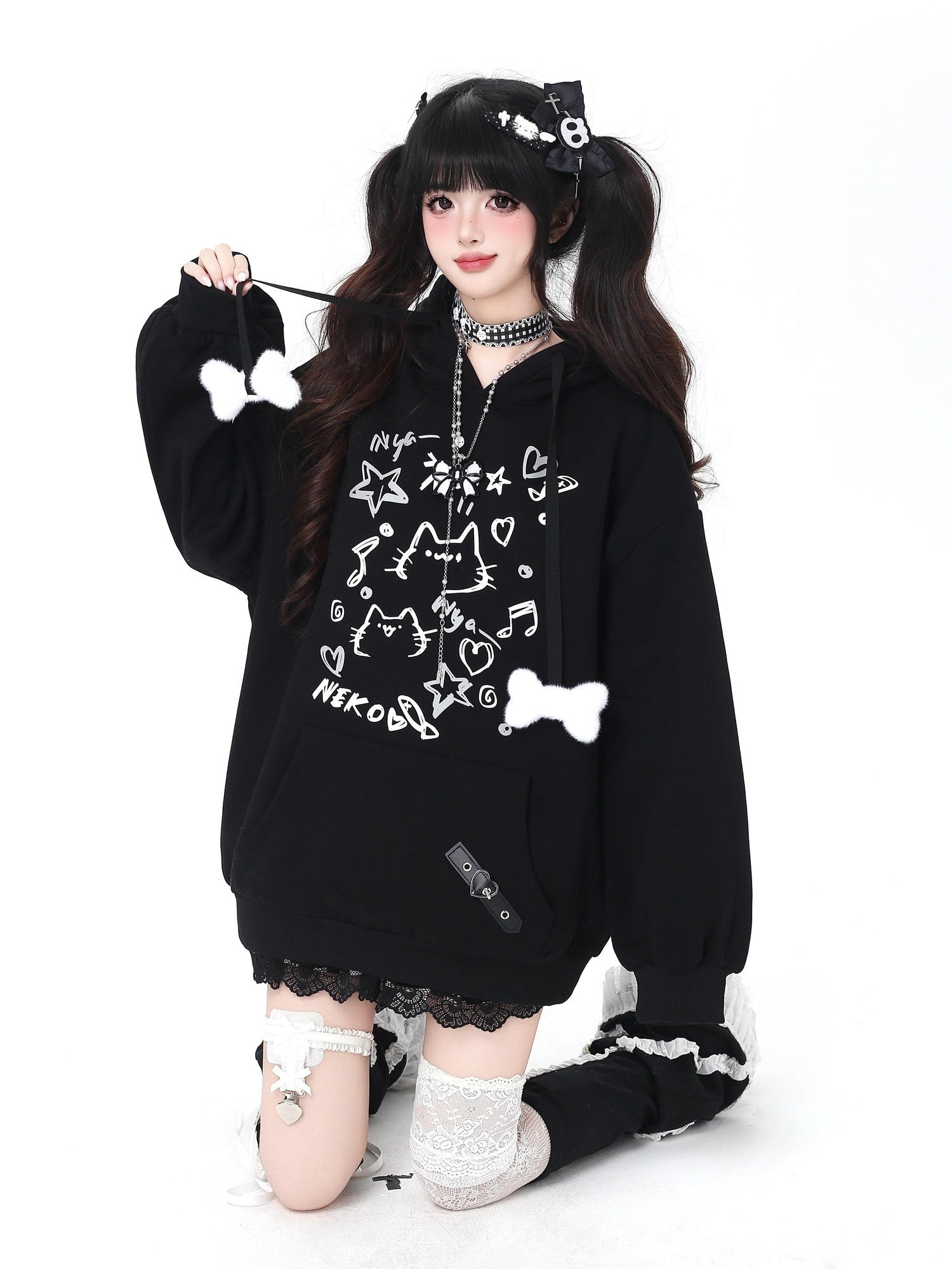 Crazy Girl Cat Graffiti Print Bone Drawstring Fleece Cropped Loose Women&