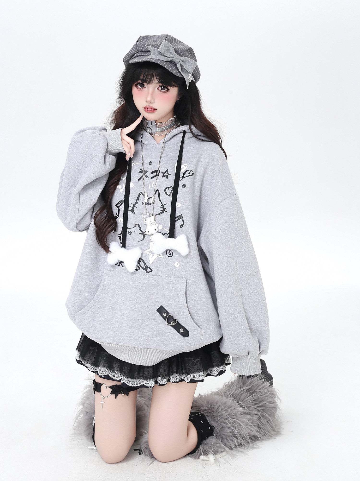Crazy Girl Cat Graffiti Print Bone Drawstring Fleece Cropped Loose Women&