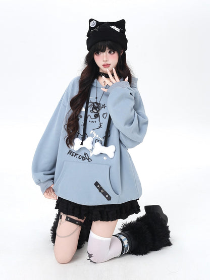 Crazy Girl Cat Graffiti Print Bone Drawstring Fleece Cropped Loose Women&