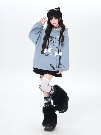 Crazy Girl Cat Graffiti Print Bone Drawstring Fleece Cropped Loose Women&