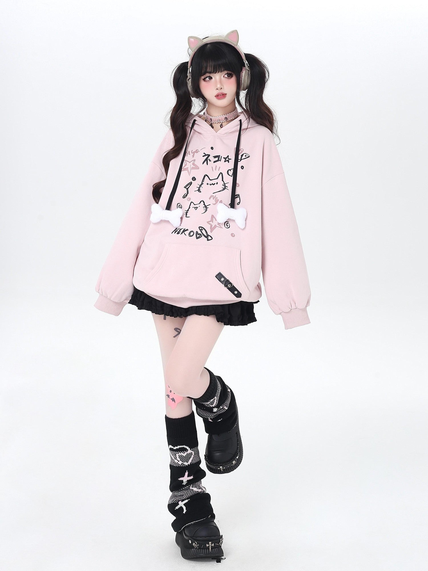 Crazy Girl Cat Graffiti Print Bone Drawstring Fleece Cropped Loose Women&