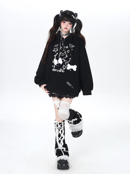 Crazy Girl Cat Graffiti Print Bone Drawstring Fleece Cropped Loose Women&