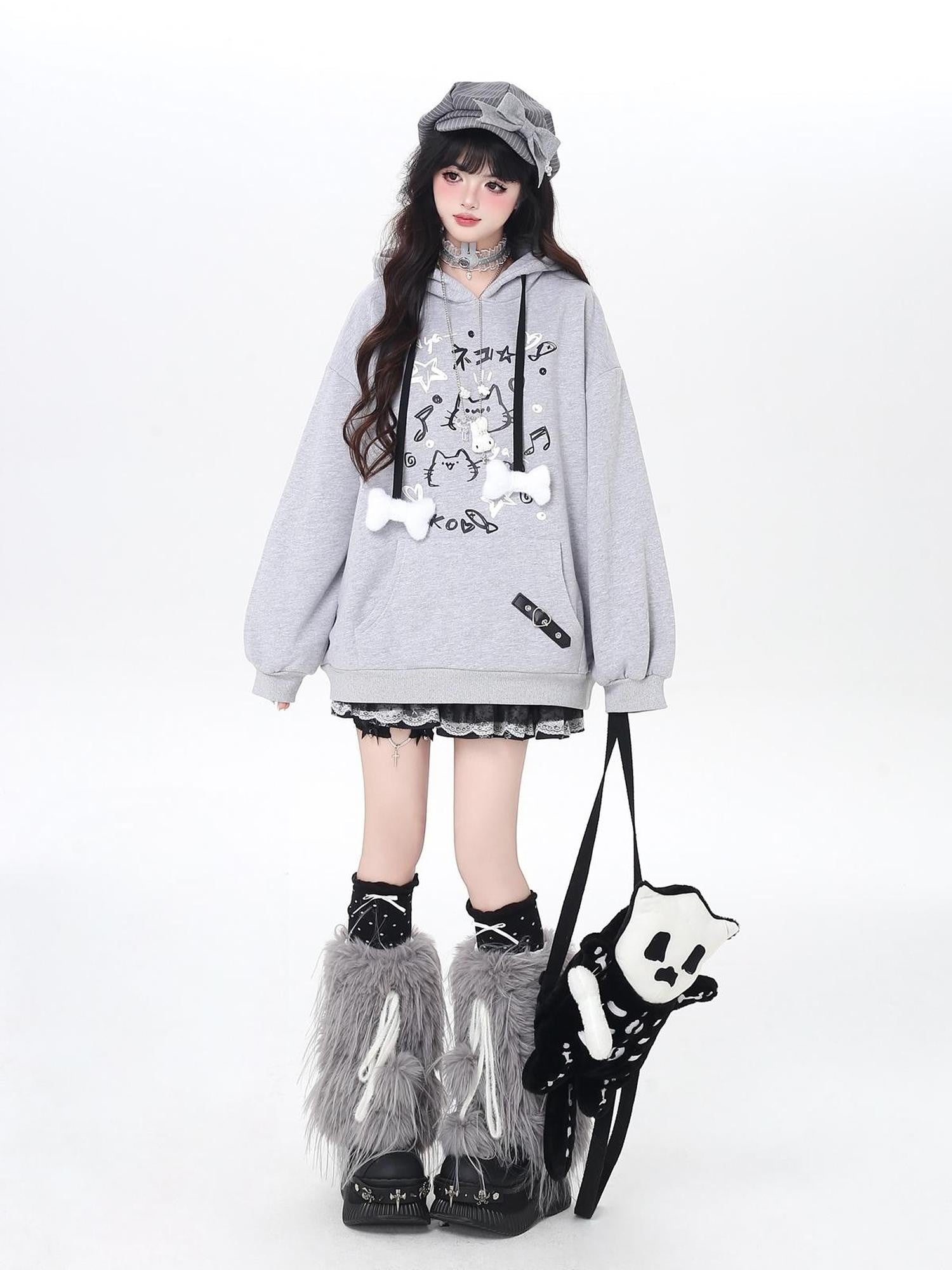 Crazy Girl Cat Graffiti Print Bone Drawstring Fleece Cropped Loose Women&
