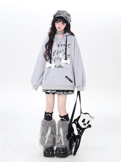 Crazy Girl Cat Graffiti Print Bone Drawstring Fleece Cropped Loose Women&