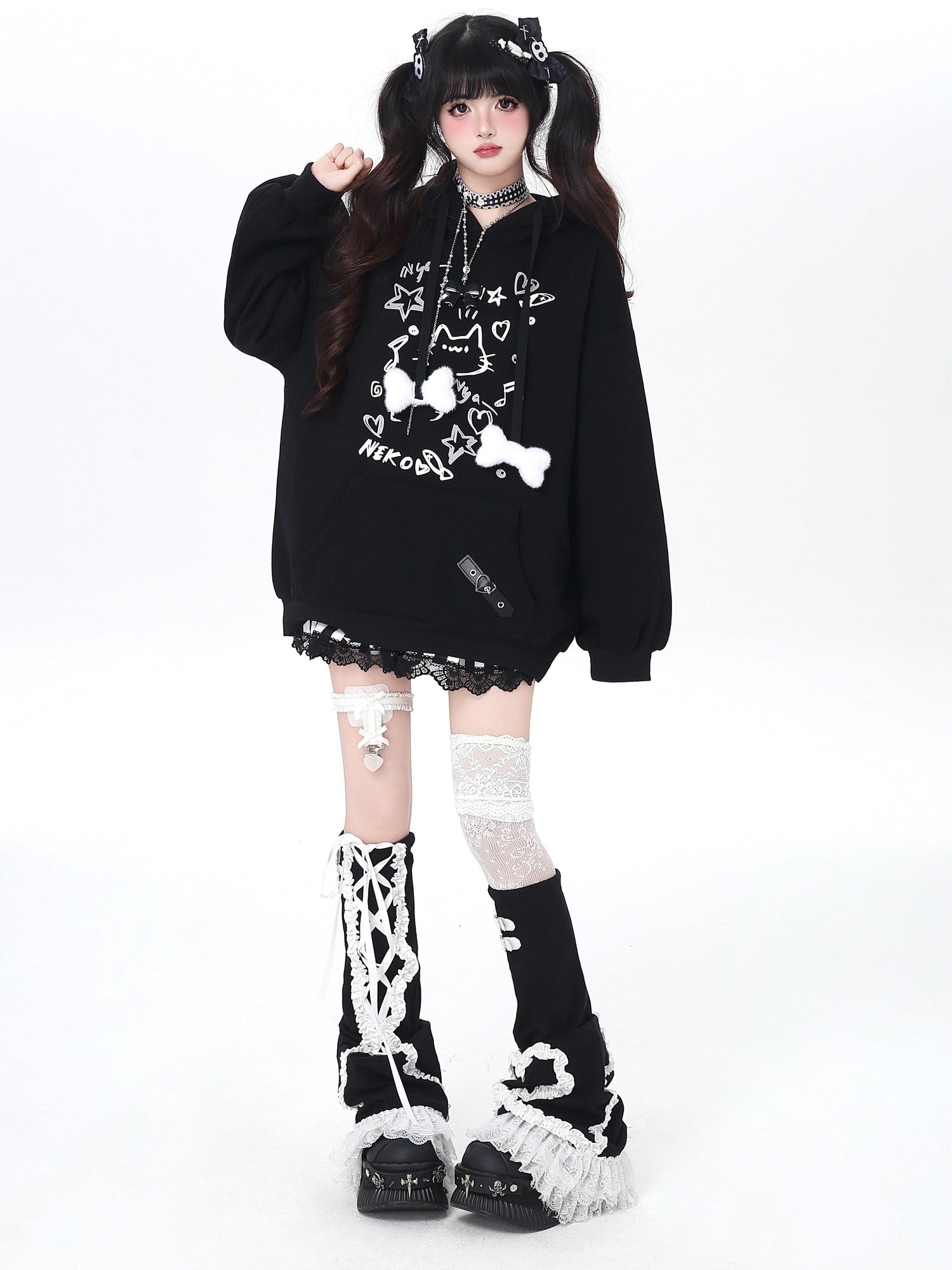 Crazy Girl Cat Graffiti Print Bone Drawstring Fleece Cropped Loose Women&