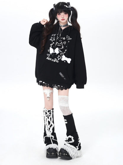 Crazy Girl Cat Graffiti Print Bone Drawstring Fleece Cropped Loose Women&