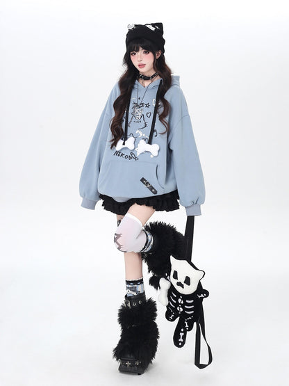 Crazy Girl Cat Graffiti Print Bone Drawstring Fleece Cropped Loose Women&