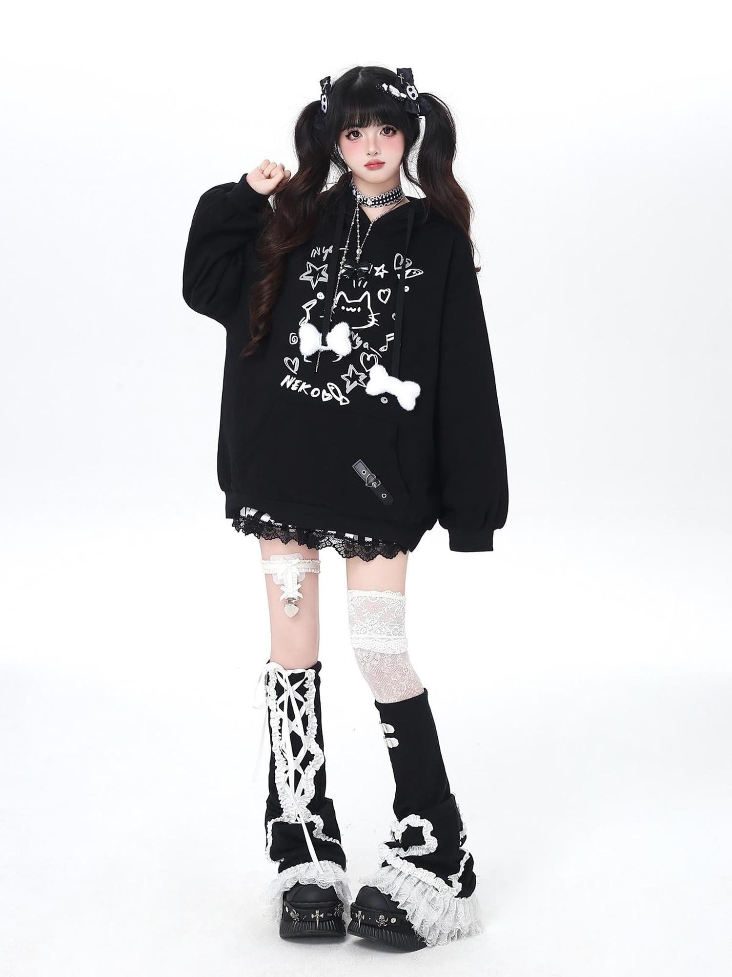 Crazy Girl Cat Graffiti Print Bone Drawstring Fleece Cropped Loose Women&