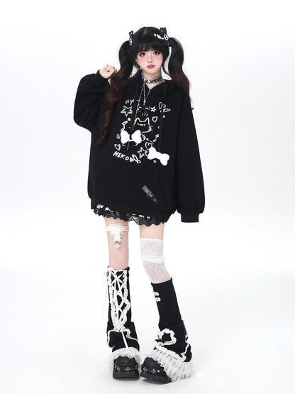 Crazy Girl Cat Graffiti Print Bone Drawstring Fleece Cropped Loose Women&