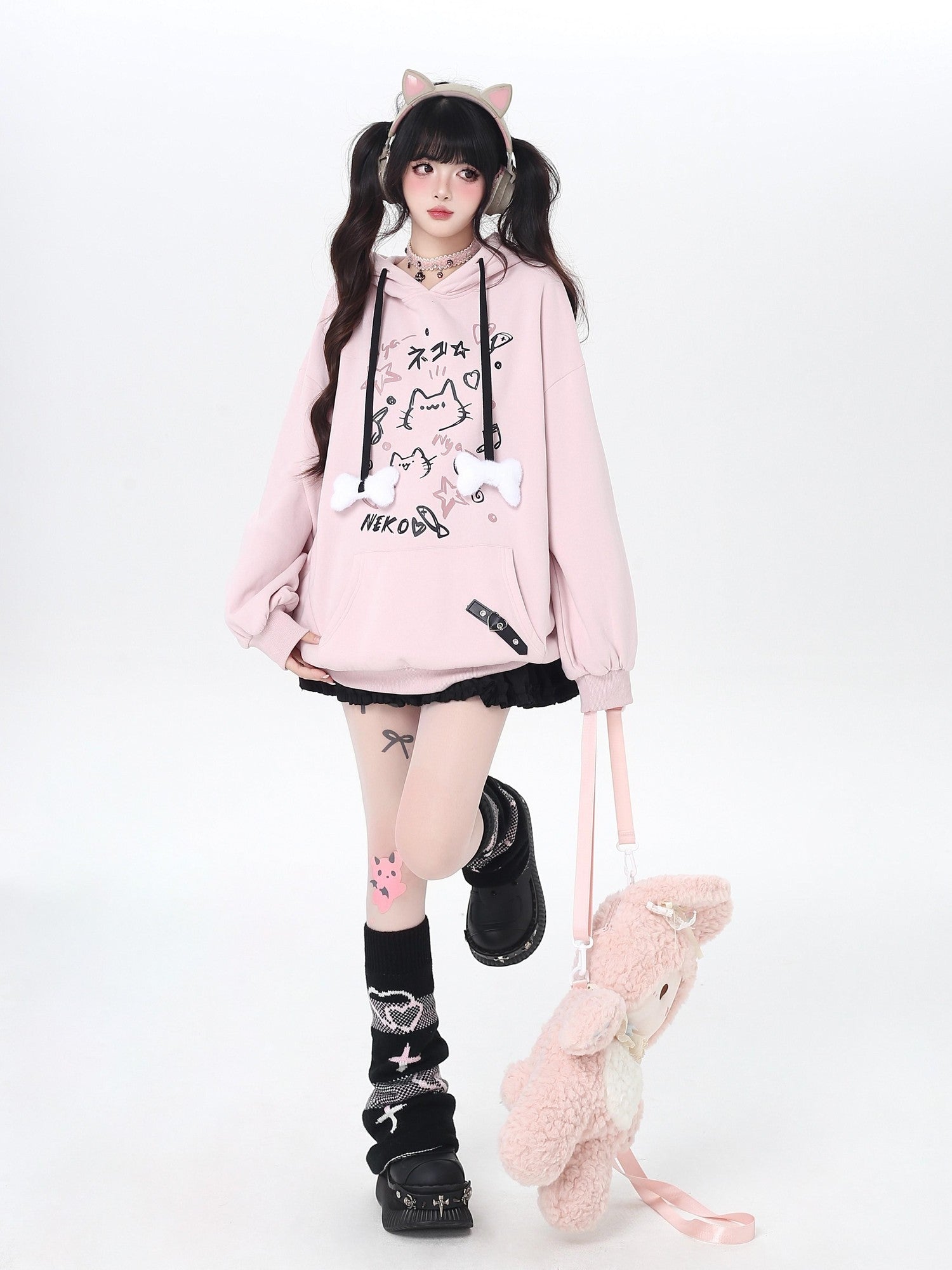 Crazy Girl Cat Graffiti Print Bone Drawstring Fleece Cropped Loose Women&