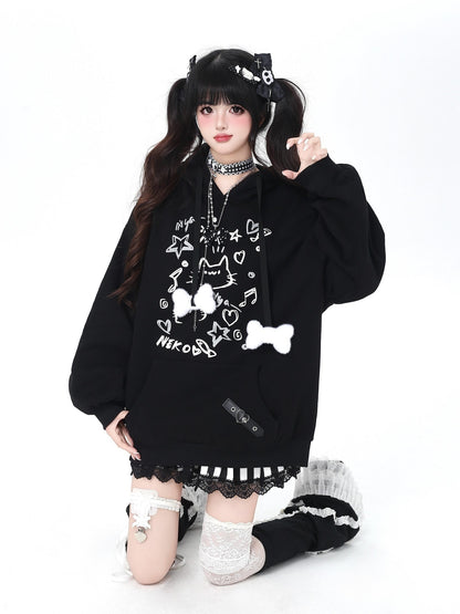 Crazy Girl Cat Graffiti Print Bone Drawstring Fleece Cropped Loose Women&