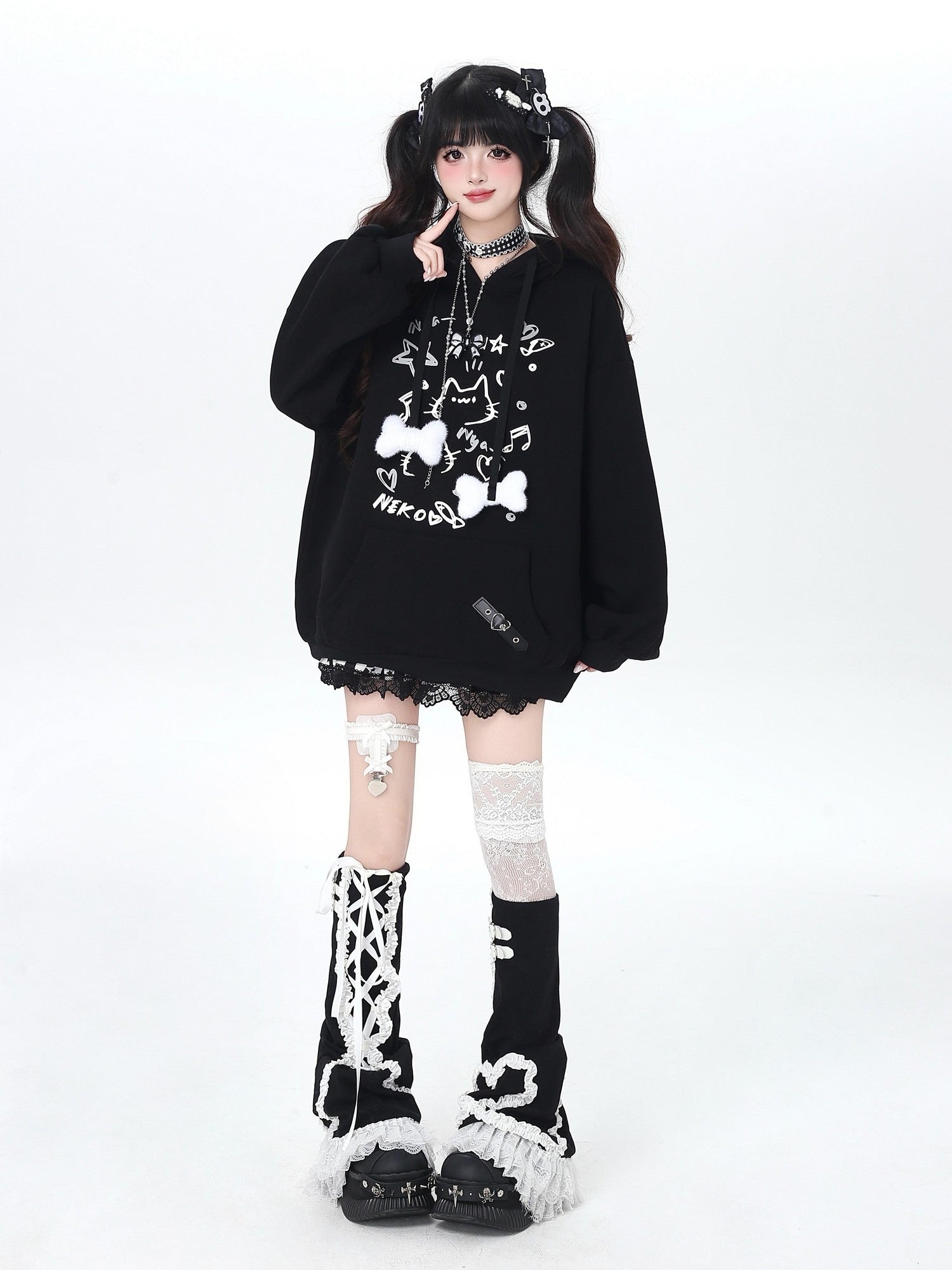 Crazy Girl Cat Graffiti Print Bone Drawstring Fleece Cropped Loose Women&