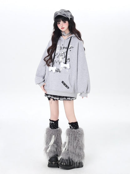 Crazy Girl Cat Graffiti Print Bone Drawstring Fleece Cropped Loose Women&